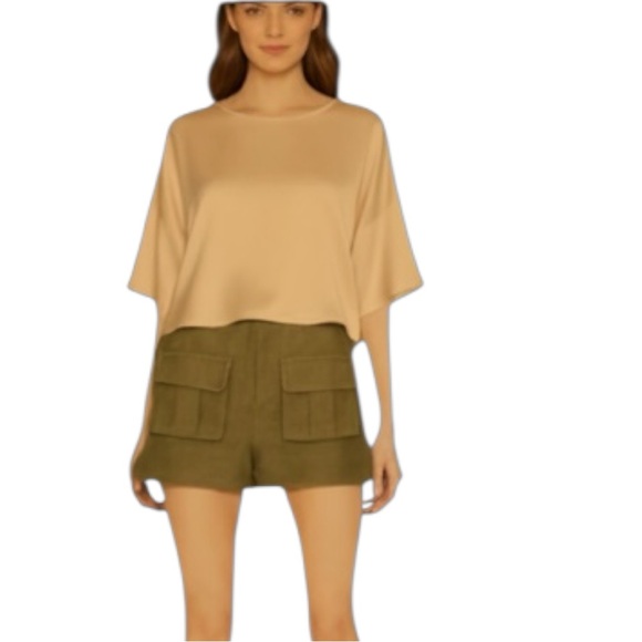L’Academie Samy Linen Short In Olive Green Cargo Pockets Side Slits